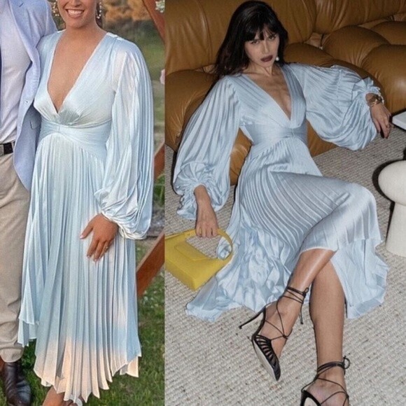 Acler Dress US 4 Palms Pleated Satin Midi Dress Light Blue AU 8 - Picture 2 of 15